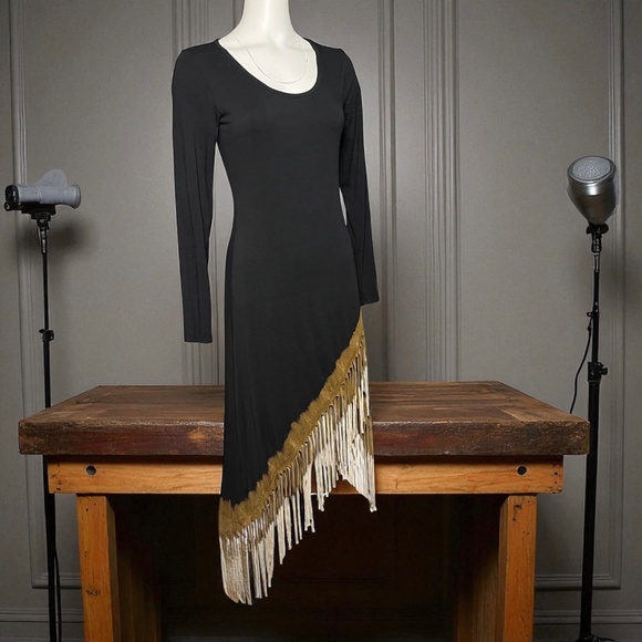 T Party Black Knit Maxi Dress Size Small Long Sleeve Western Cowgirl Fringe - Picture 3 of 7